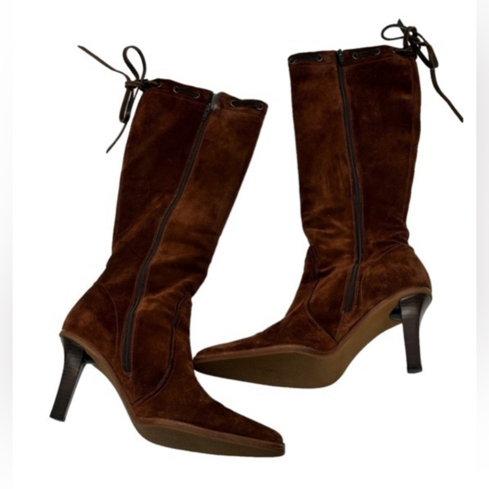 Coach Suade Long Boots, Size 8 B in Chestnut , Zip Closure, Leather Trims - Picture 6 of 15
